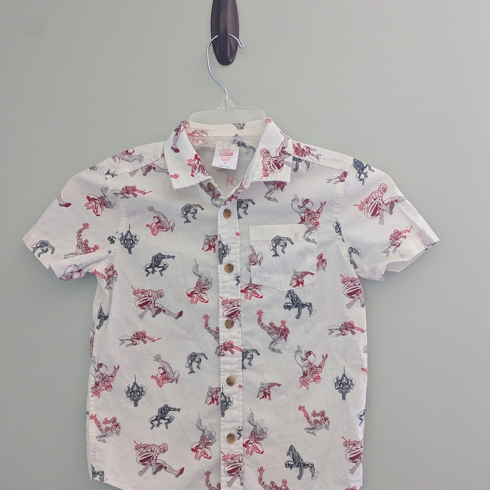 Jumping Beans Kids Button Down Shirt - White with Red and Black Print